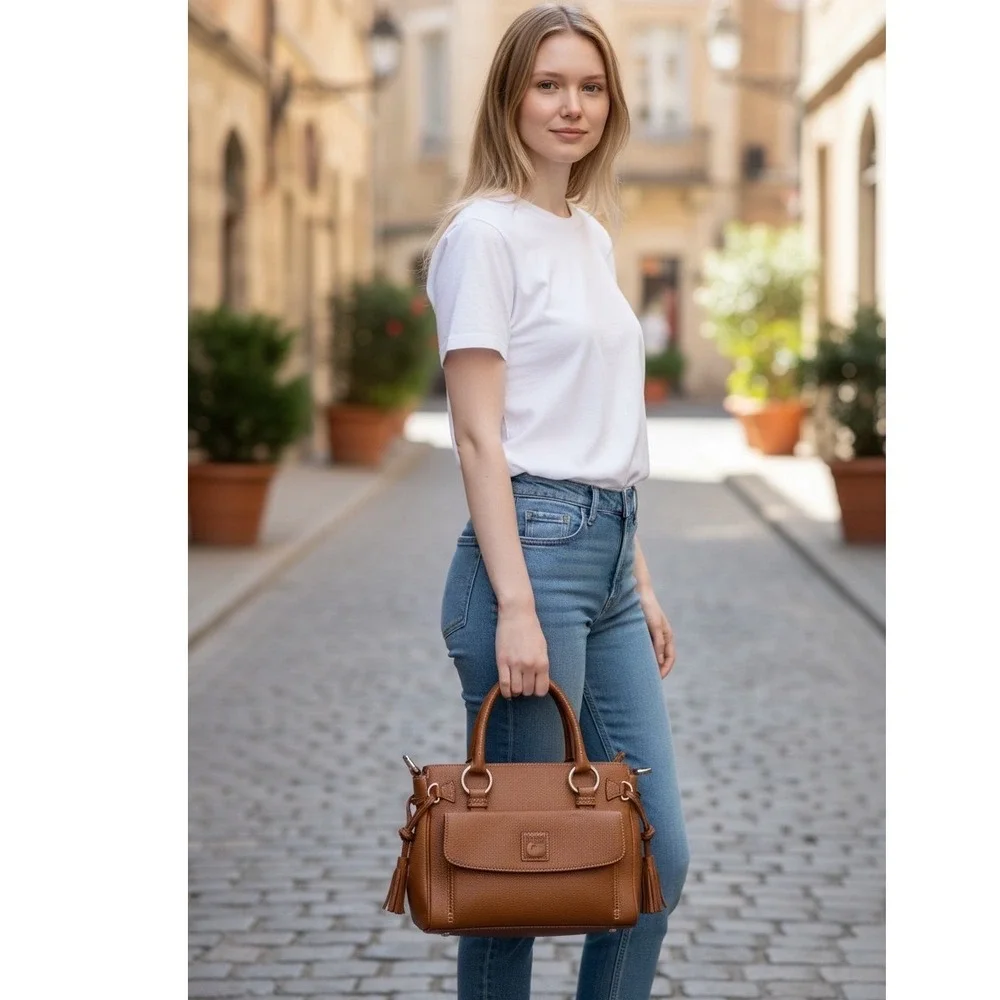 Dooney & Bourke Pebbled Leather Satchel Bag Ginger Tan Tassel Gold Hardware